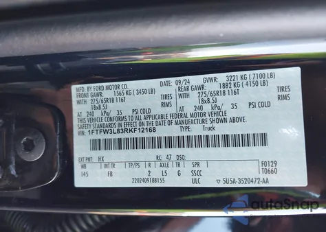 2024 Ford F-150 Xlt из США, поврежденный, VIN 1FTFW3L83RKF12168